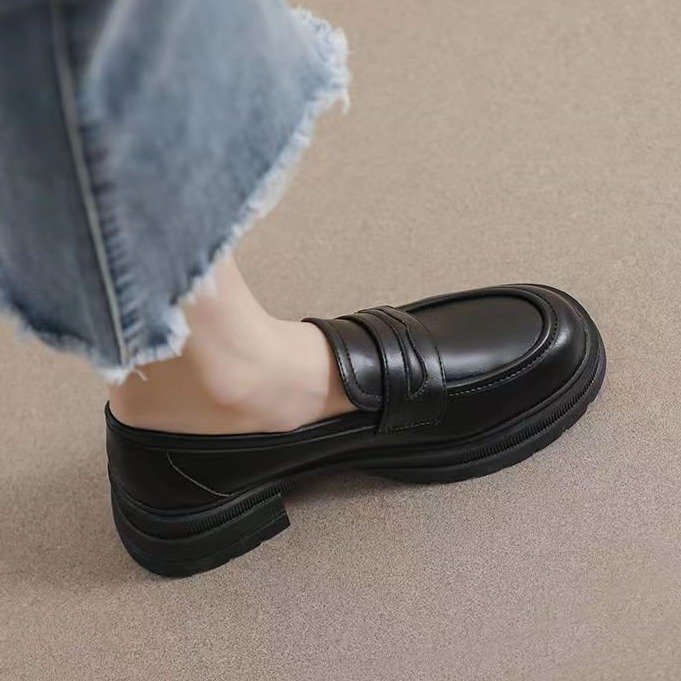 レディースプラットフォームシューズ、春の新作モデル、レトロなレザーシューズ、英国風プラットフォームソフトソールシューズ