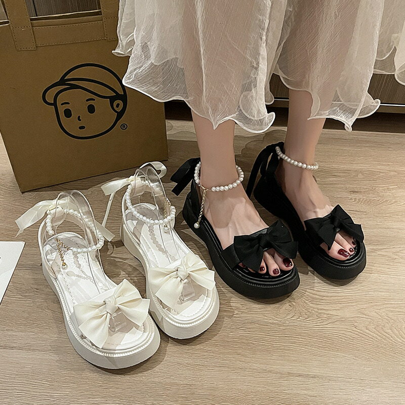 レディースパールリボンプラットフォームサンダル、新しい夏のスタイル、妖精スタイルのオープントゥシングルストラップサンダル