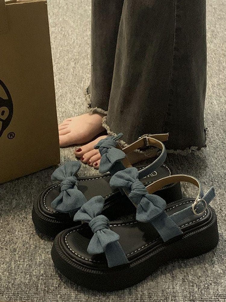 厚底 ユニバーサル スカートに合う デニム風 サンダル 女性用 フェアリー風 25 新デザイン リボン ローマ サンダル