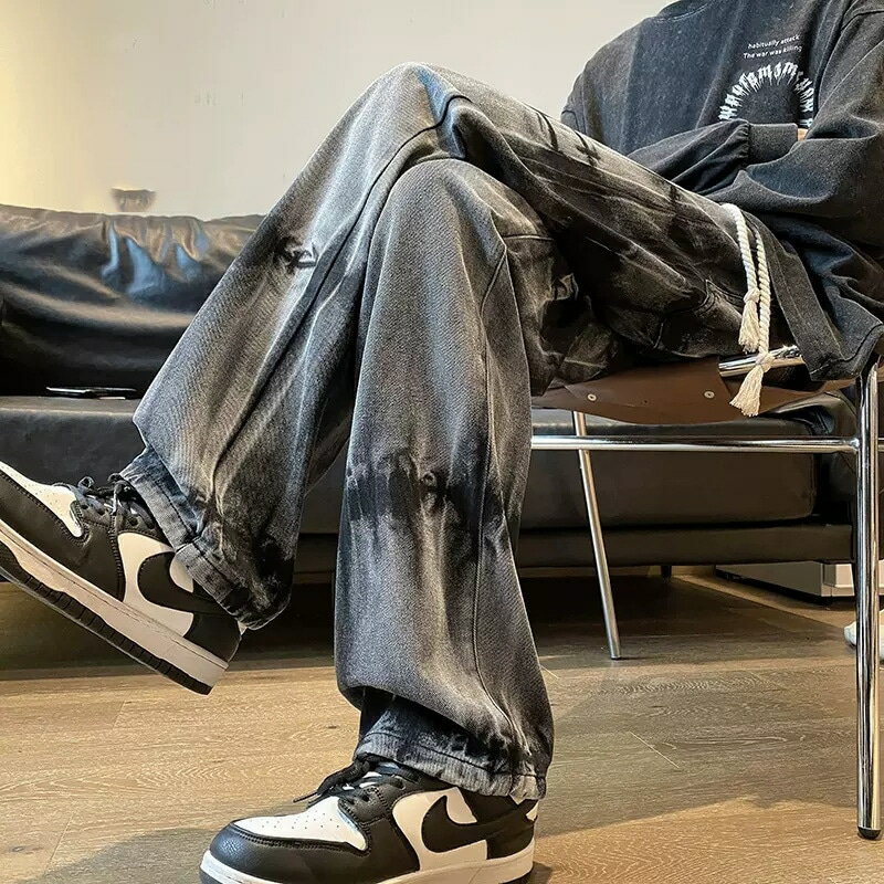 メンズワイドレッグジーンズとデニムジーンズ、春と秋、ストレートとルーズ、ハイストリートスタイル、韓国ファッション