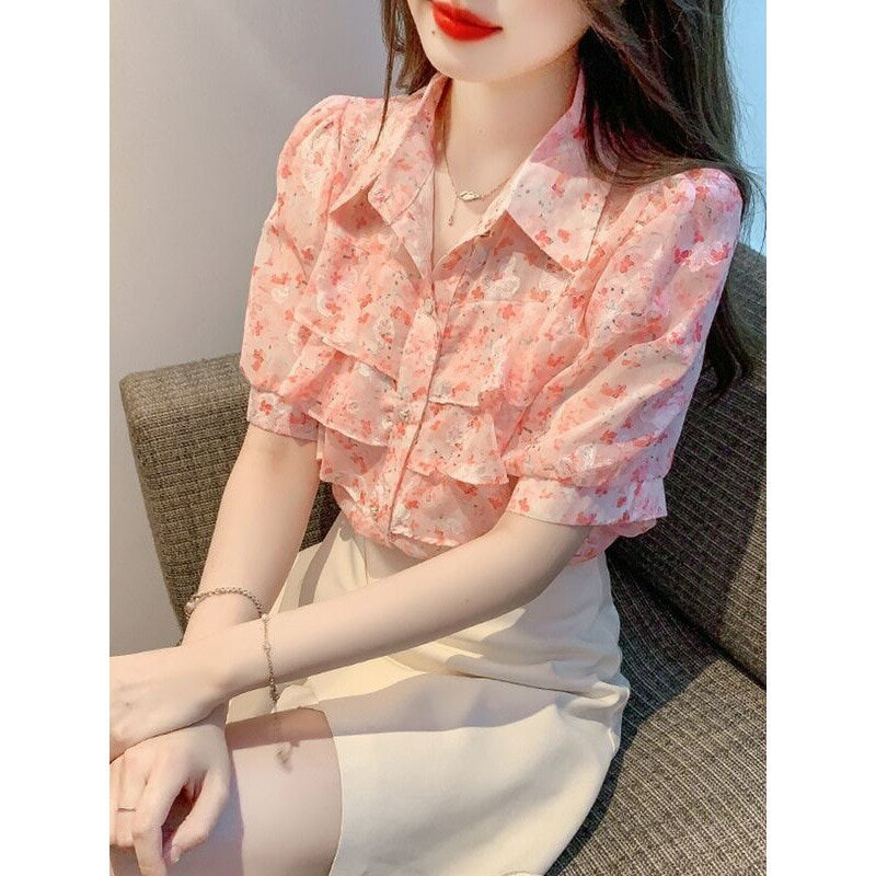 フランスのファッション花柄シフォンシャツレディース新作夏薄型ファッション年齢を感じさせないシフォントップス