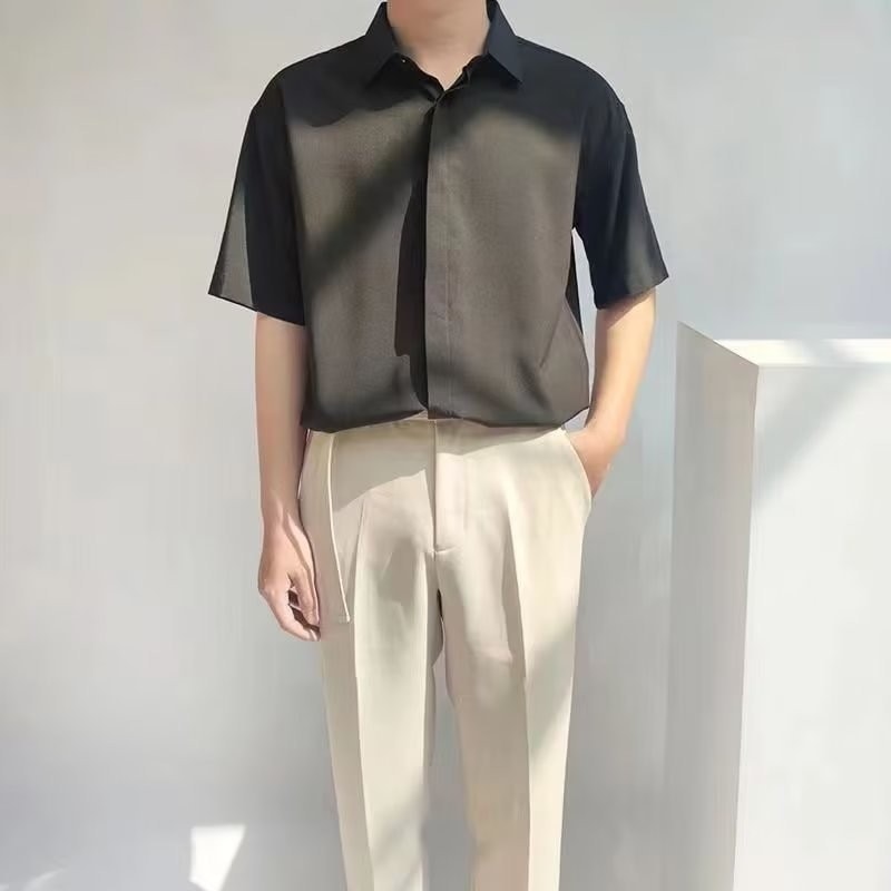 メンズファッション シャツ サマーアイス 薄手シフォン半袖シャツ