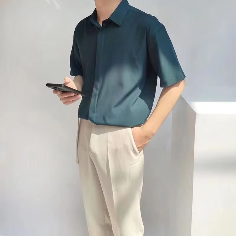 メンズファッション シャツ サマーアイス 薄手シフォン半袖シャツ