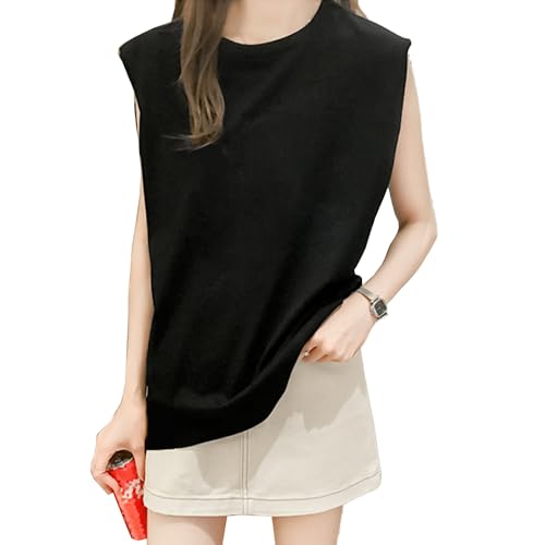 レディース ノースリーブ タンクトップ、ラウンドネック、無地、速乾性、ゆったりフィット、カジュアル、カットソー