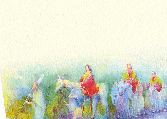 ポストカード [ 葵祭 女人列 ] 横版( 白祭 巫女 新緑 着物 馬 騎女 王朝行列 和風 京都 幻想的 水彩画 風景画 グリーティングカード ) ★当店オリジナル★