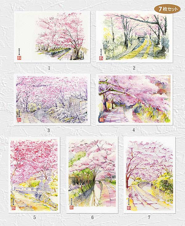 京の桜18 [ 哲学の道 ]　7枚セット ( 春 風景 桜 哲学の道 水彩画 風景画 ) ★当店オリジナル★のサムネイル