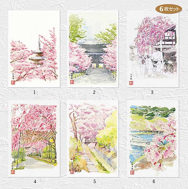京の桜12　6枚セット ( 風景 仁和寺 南禅寺 三年坂 半木の道 哲学の道 渡月橋 水彩画 風景画 ) ★当店オリジナル★【 デイリーランキング 12位入賞 】