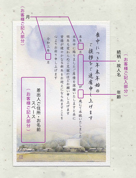 喪中はがき 寺院の風景 -D-【タイトル+全文】 ( ポストカード 喪中 喪中ハガキ 喪中葉書 年賀欠礼 私製はがき 水彩画 田園 寺 山 村 民家 )バーゲン 年賀状印刷 年賀状作成ソフト セール