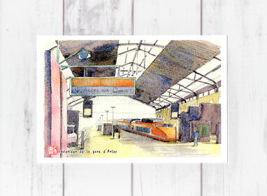 フランス アルル駅構内　( ポストカード 絵葉書 絵はがき おしゃれ モダン 駅 電車 乗客 ホーム ヨーロッパ 水彩画 風景画 )のサムネイル