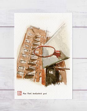 バスケットゴール [ ニューヨーク ]( ビル ストリートバスケット 水彩画 風景画 )★当店オリジナル★
