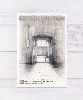 駅の一等待合 [ インド ]( 待合室 電車を待つ人 インテリア アート モノクロ インド 鉛筆画 風景画 )★..