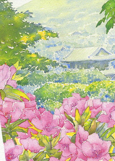 山門とツツジ ( 躑躅 南禅寺 水彩画 風景画 )★当店オリジナル★