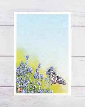 蝶とラベンダー ( ハーブ かわいい 蝶 アゲハチョウ 水彩画 風景画 ) ★当店オリジナル★