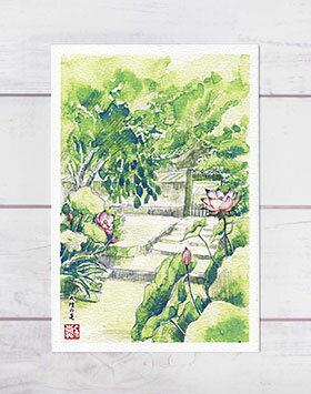 戒壇の蓮 [ 唐招提寺 ] ( はす 水彩画 風景画 ) ★当店オリジナル★