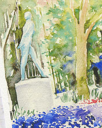 サルビアと彫像 ( 京都府立植物園 水彩画 風景画 ) ★当店オリジナル★