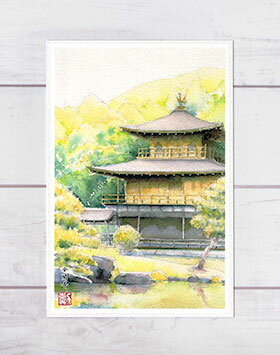 金閣寺 ( 春 世界遺産 鹿苑寺 神社仏閣 京都 和風 水彩画 風景画 ) ★当店オリジナル★