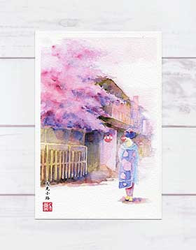 花見小路の舞妓 [ 京都の桜 ] ( 春 さくら 京都 まいこ 祇園 着物 花見小路 和風 水彩画 風景画 ) ★当店オリジナル★