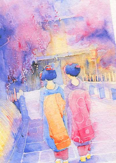 巽橋の舞妓 [ 京都の桜 祇園白川 ] ( 春 さくら 京都 まいこ 祇園 着物 巽橋 和風 水彩画 風景画 ) ★当店オリジナル★