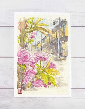 花見小路1 [ 京都の桜 ] ( 春 八重桜 祇園 和風 水彩画 風景画 )★当店オリジナル★