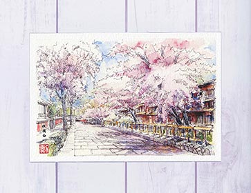 祇園白川6 [ 京都の桜 ]( 春 桜の並木 石畳 祇園 和風 水彩画 風景画 )★当店オリジナル★