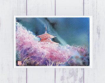 京都の桜 ライトアップ 清水寺 夜景 ( ポストカード 絵葉書 絵はがき 春 桜 水彩画 風景画 清水寺 三重塔 夜景 ライトアップ 世界遺産 社寺仏閣 京都 和風 )