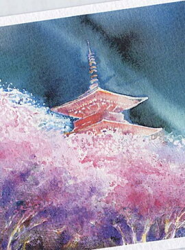 京都の桜 ライトアップ 清水寺 夜景 ( ポストカード 絵葉書 絵はがき 春 桜 水彩画 風景画 清水寺 三重塔 夜景 ライトアップ 世界遺産 社寺仏閣 京都 和風 )