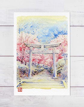 吉田神社1 [ 京都の桜 ]( 春 さくら 鳥居 吉田山 社寺仏閣 和風 水彩画 風景画 )★当店オリジナル★