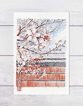 車折神社 [ 京都の桜 ] ( 春 さくら 嵯峨 嵐山 社寺仏閣 芸能 和風 水彩画 風景画 )★当店オリジナル★のサムネイル