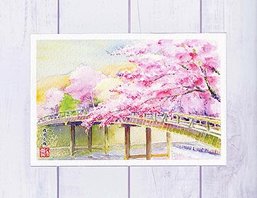 京都の桜 嵐山 渡月小橋　( 春 さくら 嵯峨 桂川 和風 水彩画 風景画 )のサムネイル