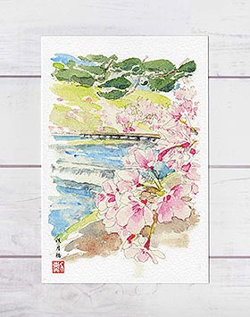 渡月橋2 [ 京都の桜 ] ( 春 さくら 嵯峨 桂川 嵐山 和風 水彩画 風景画 )★当店オリジナル★