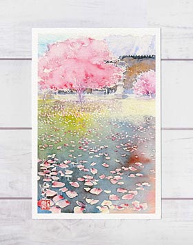 立本寺 [ 京都の桜 ]( 春 桜吹雪 さくら 西陣 和風 水彩画 風景画 )★当店オリジナル★のサムネイル