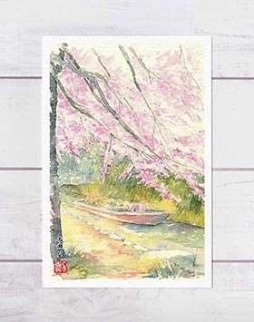 高瀬川 [ 京都の桜 ] ( 一之舩入 春 さくら 川 舟 船入 河原町 和風 水彩画 風景画 ) ★当店オリジナル★