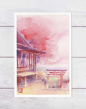 伏見稲荷 四つ辻 [ 京都の桜 ] ( 春 さくら 伏見 鳥居 和風 水彩画 風景画 )★当店オリジナル★