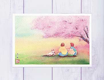 桜と犬 [ 背割り堤 ] ( 春 さくら 河川敷 芝生 犬 八幡 京都 和風 水彩画 風景画 )★当店オリジナル★
