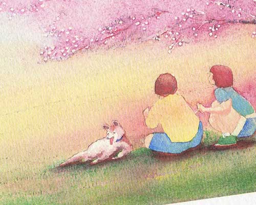 桜と犬 [ 背割り堤 ] ( 春 さくら 河川敷 芝生 犬 八幡 京都 和風 水彩画 風景画 )★当店オリジナル★