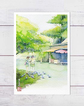 公園の鳩 ( 夏の緑 新緑 景色 女性たち 爽やか ハト 円山公園 八坂 京都 水彩画 風景画 )★当店オリジナル★のサムネイル