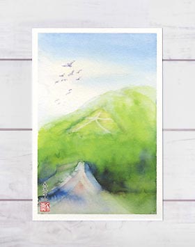 大文字山( 夏の緑 爽やか 東山 大文字 鳥 如意ヶ岳 如意ヶ嶽 和風 グリーン 水彩画 風景画 )★当店オリジナル★