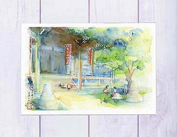 境内で遊ぶ子供たち ( 夏の緑 新緑 北野の鬼子母神 子供 ランドセル 懐かしさ 心なごむ光景 神社仏閣 グリーン ノスタルジック 立本寺 京都 和風 水彩画 風景画 )★当店オリジナル★のサムネイル