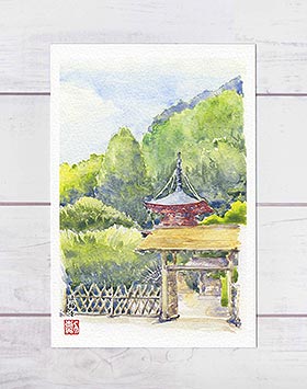 法輪寺 [ 多宝塔 ]( 社寺仏閣 景色 嵐山 和風 水彩画 風景画 )★当店オリジナル★