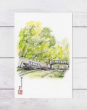 蹴上インクライン 滑車( 夏の緑 新緑 水彩画 風景画 )★当店オリジナル★