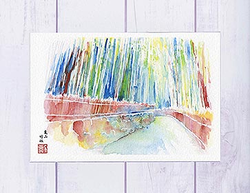 嵐山 竹林1( 夏の緑 新緑 竹 爽やか 夏のお便り 和風 京都 水彩画 風景画 )★当店オリジナル★