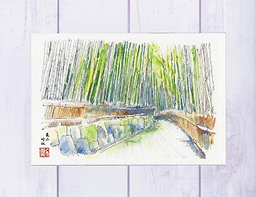 嵐山 竹林2( 夏の緑 竹 爽やか 夏のお便り 和風 京都 水彩画 風景画 )★当店オリジナル★