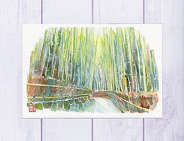 嵐山 竹林3( 夏の緑 新緑 竹 爽やか 夏のお便り 和風 京都 水彩画 風景画 )★当店オリジナル★