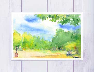 御苑と東山 ( 夏の緑 緑陰 京都御所 水彩画 風景画 )★当店オリジナル★