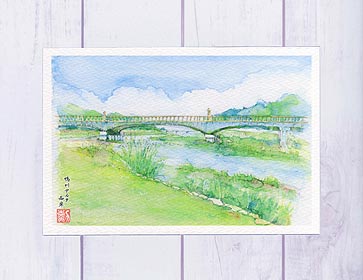 鴨川デルタ 西岸( 新緑 水辺 爽やか 出町柳 京都 水彩画