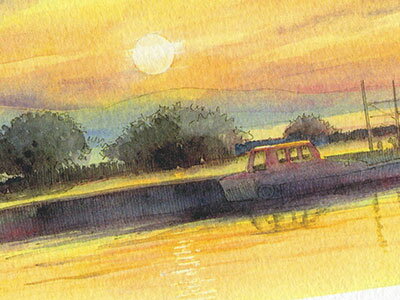 夕暮れの湖( 水辺 ノスタルジック 琵琶湖 磯田漁港 彦根 滋賀 水彩画 風景画 )★当店オリジナル★