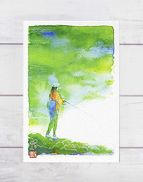 鏡湖の釣り人 [ 余呉湖 ]( 釣りガール 鏡池 水辺 緑 映り込み 静寂 幻想的 湖 余呉 滋賀 水彩画 風景画..
