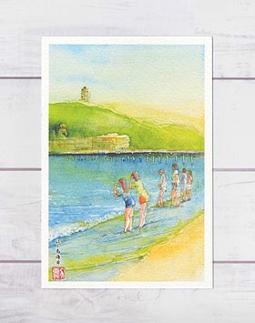 湘南 鎌倉 江ノ島海岸2　( ポストカード 絵葉書 絵はがき 鎌倉 残暑見舞い 夏 海 江の島展望灯台 江の島シーキャンドル 残暑見舞い 神奈川 水彩画 風景画 )のサムネイル