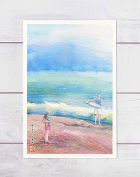 サーファーと子供 [ 七里ヶ浜 ] ( 夏 海 波 浜辺 サーファー サーフボード 鎌倉 神奈川 水彩画 風景画 ) ★当店オリジナル★