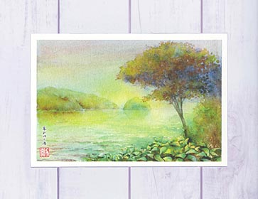 暮れゆく海( 夕暮れ 日没 海辺 伊根湾 京都 幻想的 水彩画 風景画 )★当店オリジナル★